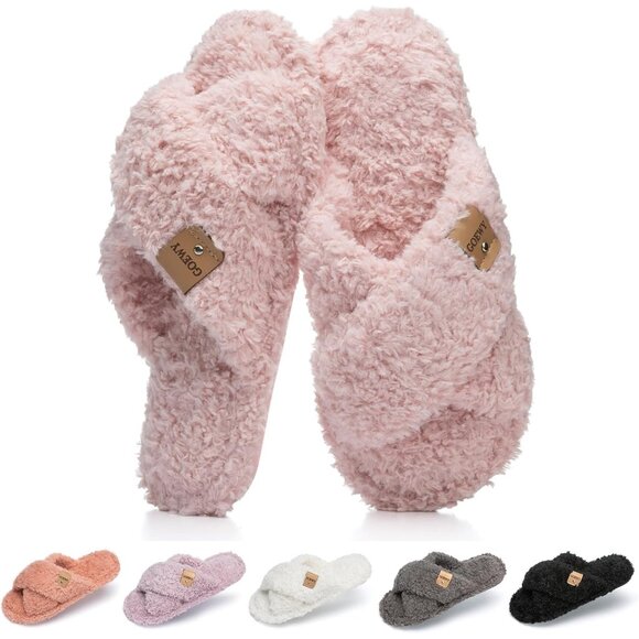 ⚡Women’s Light Pink Faux Fur Cozy Fuzzy Cross Band Slippers House Shoes - Picture 1 of 6